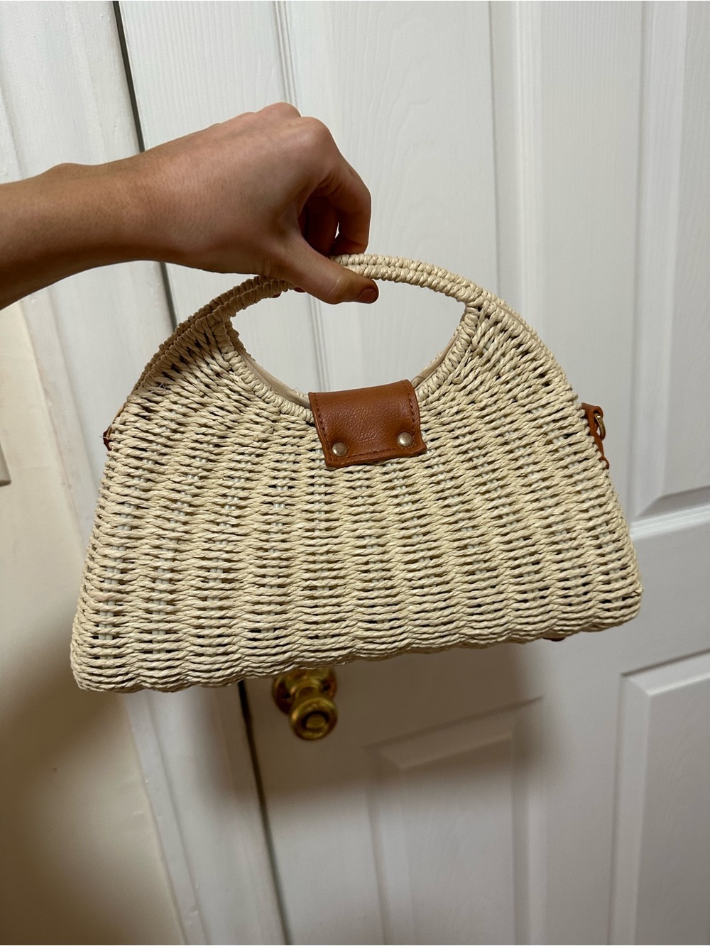 Woven Straw Top-Handle Bag with Brown Leather Trim - Picture 4 of 6